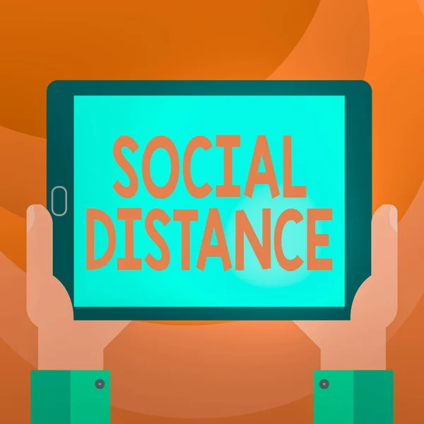 Text sign showing Social Distance. Conceptual photo degree of acceptance of general interaction of individuals Hu analysis Hand Holding Blank Screen Tablet Smartphone Display Unit photo.