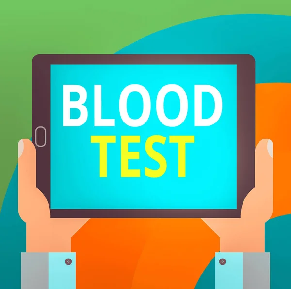 Conceptual hand writing showing Blood Test. Business photo showcasing Extracted blood sample from an organism to perfom a laboratory analysis Hu analysis Holding Tablet Smartphone Display Unit photo. — Stock Photo, Image