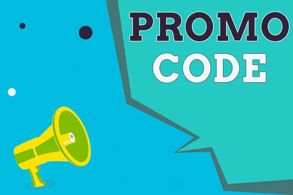 Writing note showing Promo Code. Business photo showcasing letters or numbers that allows getting a discount on something Megaphone Loudspeaker and Blank Geometric shape Half Speech Bubble.