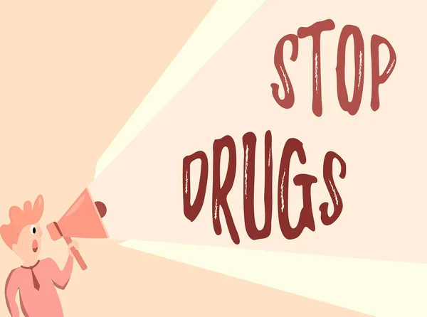 Writing note showing Stop Drugs. Business photo showcasing put an end on the dependence on substances such as heroin or cocaine Man Talking Holding Megaphone Extended Volume Pitch Power. — Stock Photo, Image