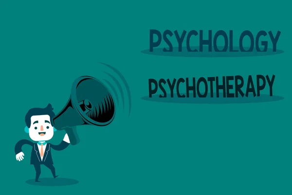 Conceptual hand writing showing Psychology Psychotherapy. Business photo text use of a psychological method to treat mental illness Man in Suit Earpad Moving Holding Megaphone with Sound icon. — Stock Photo, Image