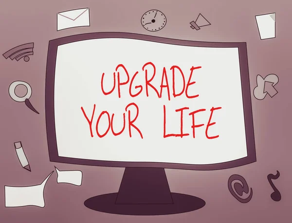 Psaný text Upgrade Your Life. Obchodní koncept pro zlepšení vašeho způsobu života Jak zbohatnout a šťastnější webové aplikace Softwarové ikony Okolní prázdné Připojený monitor počítače. — Stock fotografie