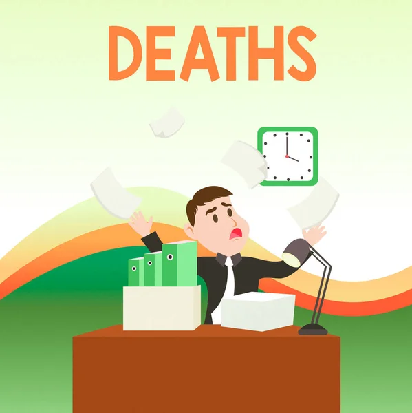 Signo de texto mostrando Muertes. Foto conceptual cese permanente de todos los signos vitales, caso de morir individuo Confundido Hombre Empleado Manager Cluttered Workspace Desbordamiento de tiempo Escasez . — Foto de Stock