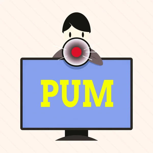 ワードライティングテキストPum 。正当なアプリケーションで実行できる不要な変更のビジネスコンセプトマウントされたPCモニター画面の後ろに立つ男話すとメガホンを保持. — ストック写真