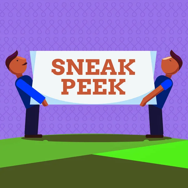 Word writing text Sneak Peek. Business-Konzept für zu sehen, bevor es offiziell vorgestellt oder der Öffentlichkeit vorgestellt wird Zwei Männer, die auf beiden Seiten rechteckige Platten tragen. — Stockfoto