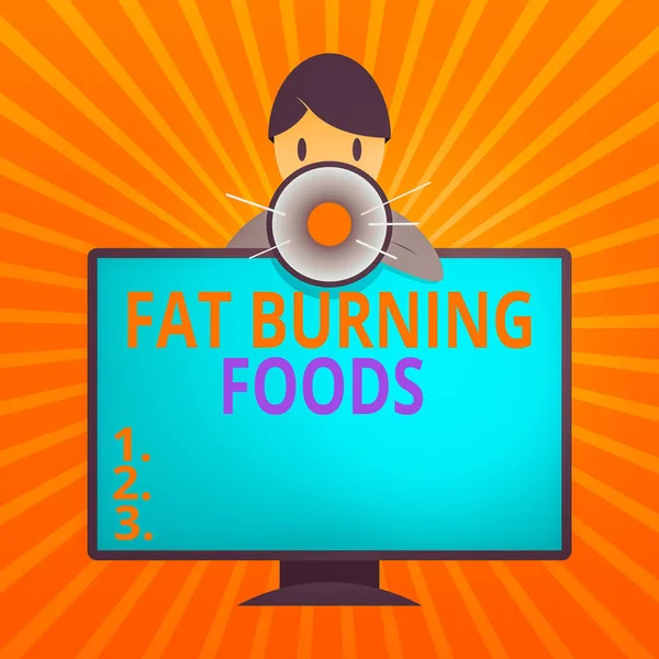 Konceptualny rękopis pokazujący Fat Burning Foods. Pokazywanie zdjęć biznesowych produkować utratę tkanki tłuszczowej poprzez stymulowanie metabolizmu w celu zmniejszenia apetytu Man Behind zamontowane PC Monitor Talking and Holding Megaphone. — Zdjęcie stockowe