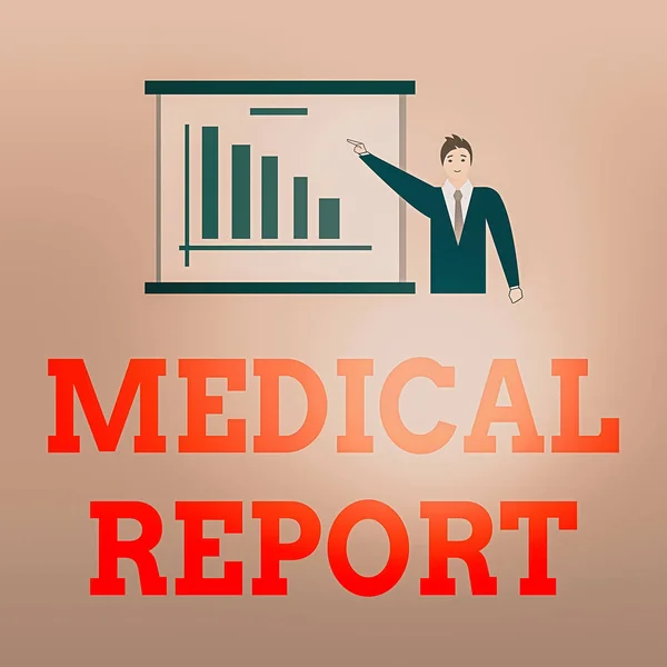 의료 보고서를 보여 주는 문서 작성. Business photo showcasing report of a medical examination in Business Suit Pointing a Board Bar Chart Copy Space. — 스톡 사진