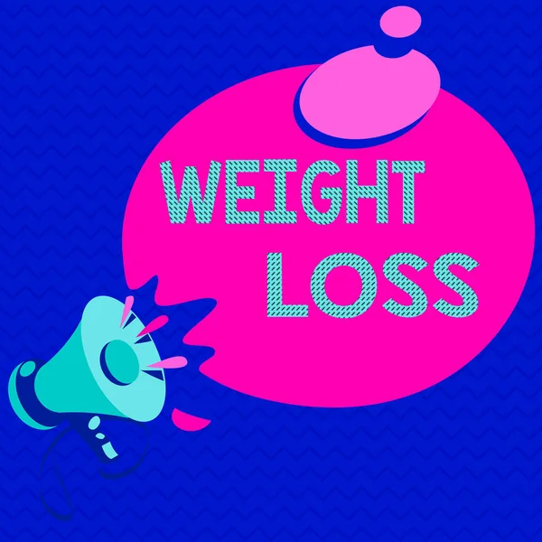 Word writing text Weight Loss. Geschäftskonzept zur Verringerung der gesamten Körpermasse aufgrund eines mittleren Flüssigkeitsverlustes Megaphon mit Sound-Effekt-Symbol und Blank Round Halftone Thought Bubble. — Stockfoto