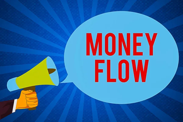 Szövegírás Money Flow. Üzleti koncepció ez egy mutató a pozitív vagy negatív egy aktuális nap Hu elemzés Kézi gazdaság Megafon és üres ovális beszéd buborék felett Sunburst. — Stock Fotó