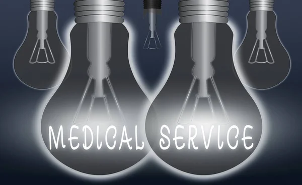 Handwriting text writing Medical Service. Concept meaning care and treatment provided by a licensed medical provider Realistic colored vintage light bulbs, idea sign solution thinking concept. — Stock Photo, Image