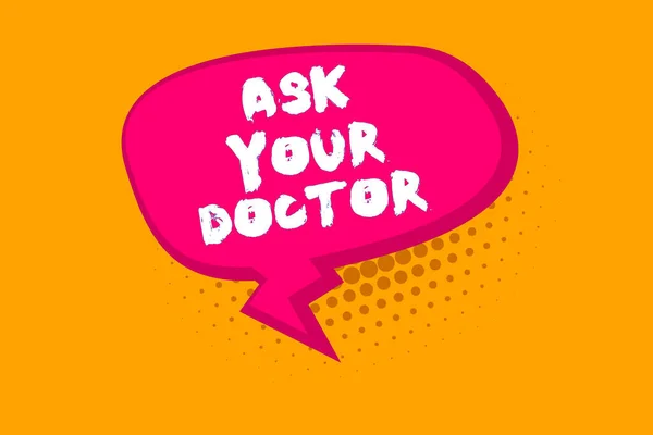 Sms 'je met vragen aan je dokter. Conceptuele foto op zoek naar informatie of advies van een medische professional Blank Oblong Halftone Speech Bubble tekstballon met Zigzag Tail en Shade. — Stockfoto