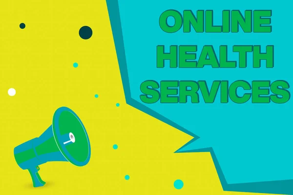 Word writing text Online Health Services. Business concept for healthcare delivered and enhanced through the internet Megaphone Loudspeaker and Blank Geometric shape Half Speech Bubble.