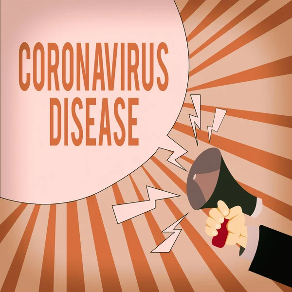 Слово писать текст Coronavirus Disease. Бизнес-концепция для определения болезни, вызванной новым вирусом SARSCoV2 Мужской анализ Ху руки холдинг Megaphone пустой речи пузырь . — стоковое фото