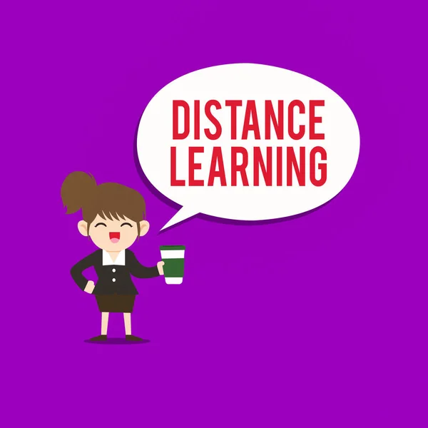 Text sign showing Distance Learning. Conceptual photo educational lectures broadcasted over the Internet remotely Female Hu analysis Wearing Uniform Holding a coffee To Go Cup and Speech Bubble. — Stock Photo, Image