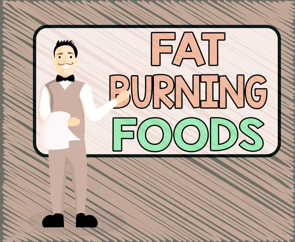 Text sign showing Fat Burning Foods. Conceptual photo produce fat loss by stimulating metabolism to reduce appetite Male Waiter Smiling Standing in Uniform Hand Presenting Blank Menu Board.