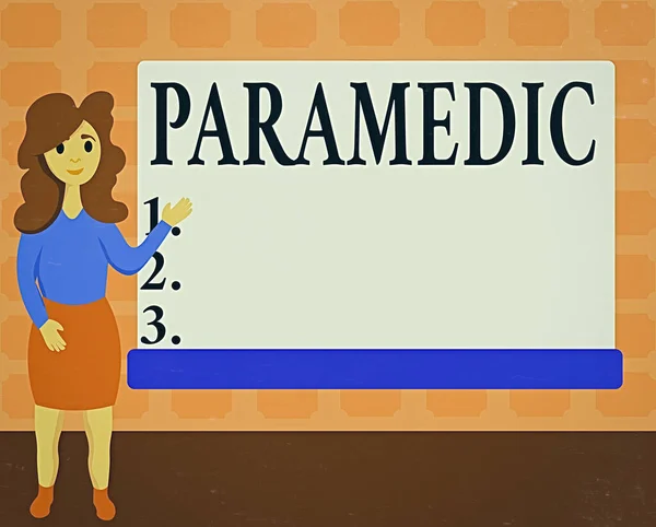 显示辅助医务人员的文字标志。一名在紧急医疗工作方面具有专门知识的卫生工作者手牵手站在长方形白板上进行分析. — 图库照片