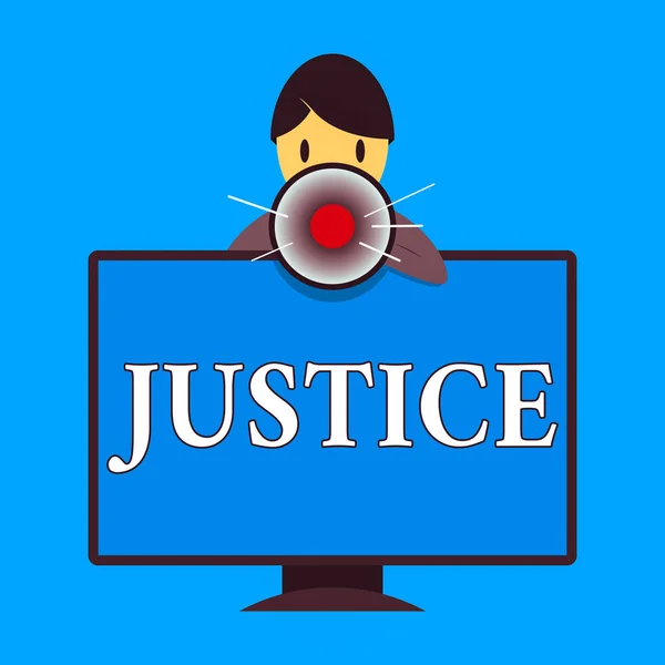 Word writing text Justice. Business concept for use of power as appointed by law standards to support fair treatment Man Standing Behind mounted PC Monitor Screen Talking and Holding Megaphone. — Stock Photo, Image