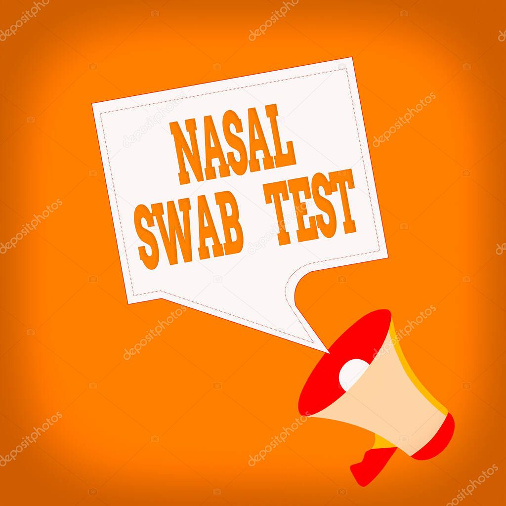 Word writing text Nasal Swab Test. Business concept for diagnosing an upper respiratory tract infection through nasal secretion Megaphone and Blank Bordered Square Speech Bubble Public Announcement.