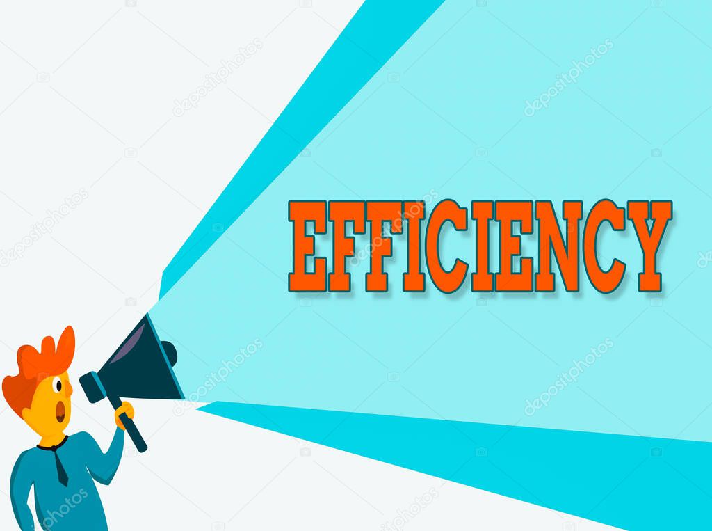 Text sign showing Efficiency. Business photo text ability to prevent a waste of resources energy money and time Man Standing Talking Holding Megaphone with Extended Volume Pitch Power