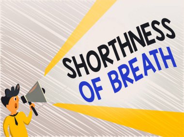 Kelime yazma metni Nefes Kısaltması. Solunum yollarının sıkılaştırılması iş konsepti Nefes almakta güçlük çeken Adam Konuşan Megafon ile Genişletilmiş Ses Pitch Power.