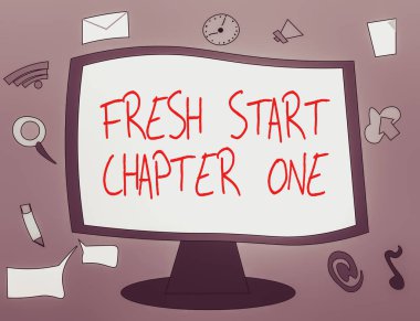 Kelime yazma metni Taze Başlangıç Bölüm 1. Durumunuzda değişiklikler için iş konsepti yeni kariyer ve şans Web Uygulama Yazılım simgeleri Boş Bağlı Bilgisayar İzleyicisini çevreler.