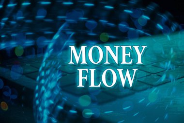 El yazısı Para Akışı. Bokeh ışıkları soyut arkaplan içerisindeki fütüristik dijital resim duvar kağıdı içindeki pozitif veya negatif bir gösterge anlamına gelir..