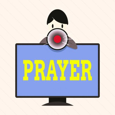 Kelime yazma duası. Monte edilmiş PC Monitör Konuşması ve Megaphone Bekleme 'nin arkasında duran Tanrı' ya teşekkür etmek için resmi bir istek veya ifade konsepti.