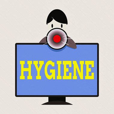 Sözcük yazma hijyeni. Monte edilmiş PC Monitör Konuşmaları ve Megafon Tutma 'nın arkasında duran Sağlık Adamı' nın kuruluşu ve bakımının bilimi üzerine çalışma kavramı.
