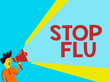 Kelime yazma Gribi durdurun. Ciğerlerinizdeki viral enfeksiyona son vermek için iş kavramı ve Solunum Yolları Adamı Uzatılmış Ses Perdesi Gücü ile Konuşan Megafon.