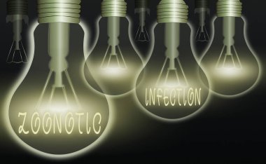 Zoonotik enfeksiyonu gösteren bir not yazıyorum. İş fotoğraflarında bulaşıcı hastalıkların viral olmayan bir ajan tarafından taşındığını gösteren renkli ampuller, fikir işareti çözümü.