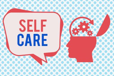 Kendine Bakım 'ı gösteren bir not yazıyorum. Bir tanesini korumak veya geliştirmek için harekete geçme uygulamasını gösteren iş fotoğrafı, sağlık Hu analizi silueti Tepe Tepede Dişliler ve Baloncuklu Açık.