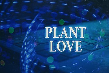 Bitki Sevgisi el yazısı. Duygusal aşk, ilgi ve desteğin sembolü anlamına gelen kavram, diğerlerine Bokeh ışıklarındaki fütüristik dijital resim duvar kâğıdı soyut arkaplan.