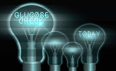 Glikoz Kontrolünü gösteren kavramsal el yazısı. İş fotoğrafı, kandaki şekerin miktarını ölçen bir prosedür metni. Gerçekçi renkli ampuller, fikir işareti çözümü..