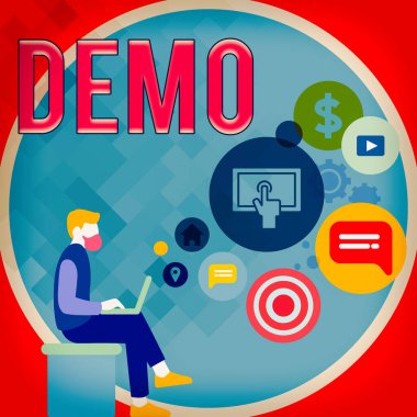 Demo 'nun el yazısı. Kavram anlamı örnek gösterim ifadesi görsel yansımayı gösterir Kucağında dizüstü bilgisayarla oturan adam ve Boş Alan 'da SEO Sürücü Simgeleri.