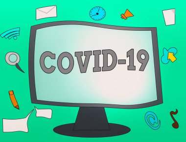 Covid19 'un el yazısı. Coronavirus Web Uygulama Yazılım simgeleri Boş Bağlı Bilgisayar İzleyicisini çevreleyen hafif ve şiddetli solunum hastalıklarına neden olan kavram.