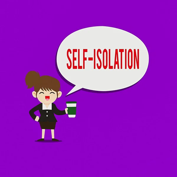 Text sign showing Self Isolation. Conceptual photo promoting infection control by avoiding contact with the public Female Hu analysis Wearing Uniform Holding a coffee To Go Cup and Speech Bubble.