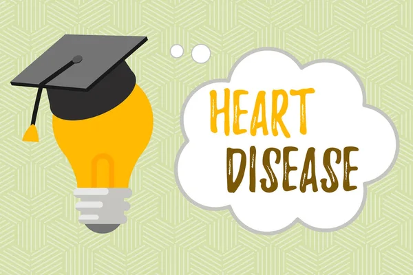 Writing note showing Heart Disease. Business photo showcasing A type of disease that affects the heart or blood vessels 3D Graduation Cap Resting on Bulb with Cloud Thought Bubble. — Stock Photo, Image