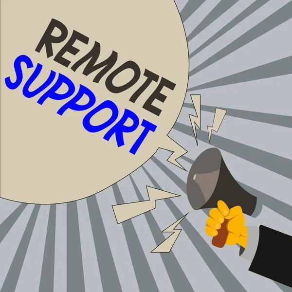 Writing note showing Remote Support. Business photo showcasing type of secure service, which permits representatives to help Male Hu analysis Hand Holding Megaphone Blank Speech Bubble. — Stock Photo, Image