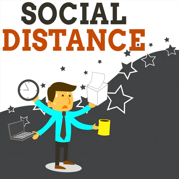 Текст слова Social Distance. Деловая концепция для степени принятия общего взаимодействия лиц, испытывающих стресс Мужской менеджер Многие вооруженные многозадачность встретиться крайний срок . — стоковое фото