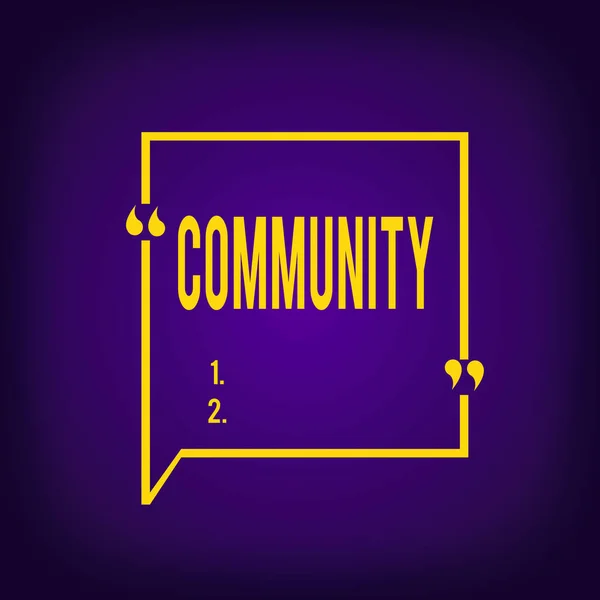 Text sign showing Community. Conceptual photo group of showing living in one place having a characteristic in common Blank Square Border Outline Quote Bubble with Quotation Mark Punctuation. — Stock Photo, Image