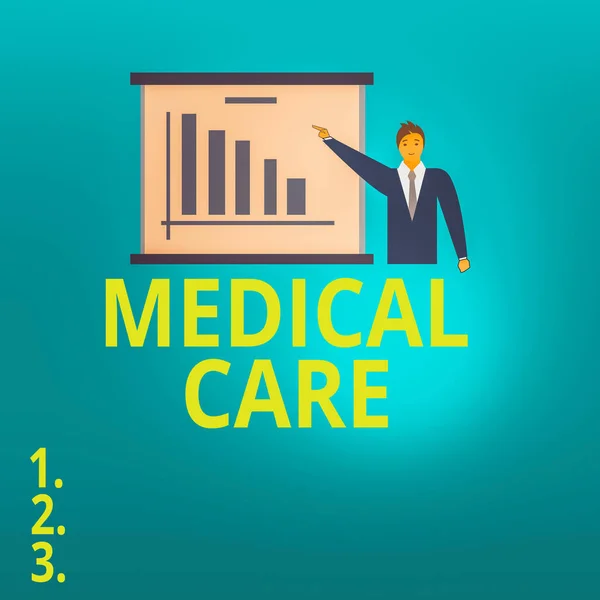 Text sign showing Medical Care. Conceptual photo the professional attention of medical practitioners in health Man in Business Suit Standing Pointing a Board with Bar Chart Copy Space. — Stock Photo, Image