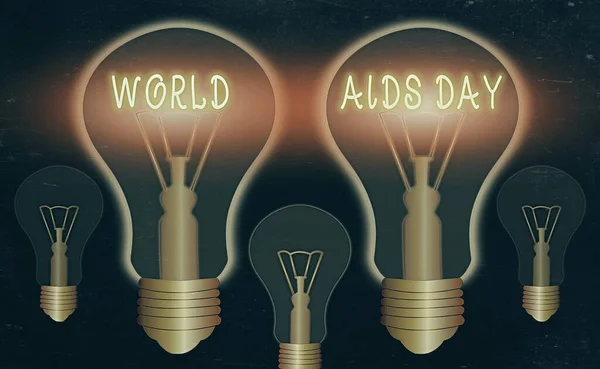 Escribiendo una nota que muestra el Día Mundial del SIDA. Foto de negocios mostrando un día internacional para aumentar la conciencia de la pandemia del SIDA Bombillas vintage de color realista, solución de signo de idea . — Foto de Stock