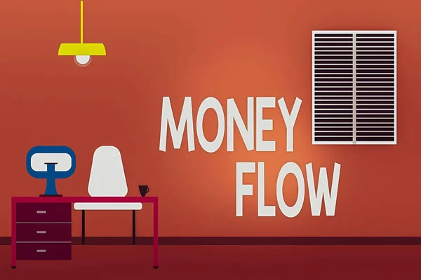Szövegírás Money Flow. Üzleti koncepció ez egy mutató a pozitív vagy negatív egy aktuális nap Munkaterület Minimalista Belső Számítógép és Tanulmányozási Terület Belül egy szoba fotó. — Stock Fotó