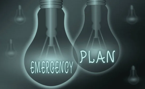 Text sign showing Emergency Plan. Conceptual photo instructions that outlines what workers should do in danger Realistic colored vintage light bulbs, idea sign solution thinking concept. — Stock Photo, Image