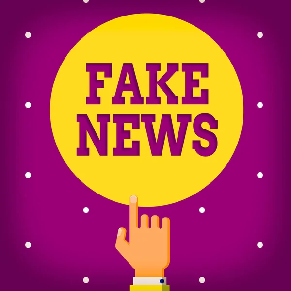 Konceptuell handstil som visar falska nyheter. Företagsfoto visa upp falsk information publicera under sken av att vara autentiska nyheter Hand Peka upp pekfingret röra fast färg cirkel. — Stockfoto