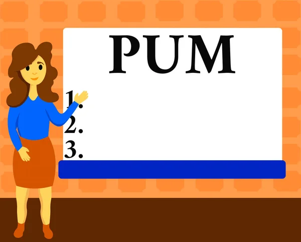 Πινακίδα που δείχνει το Pum. Εννοιολογική φωτογραφία ανεπιθύμητη αλλαγή που μπορεί να εκτελεστεί από νόμιμες εφαρμογές Γυναικεία ανάλυση Hu Μόνιμη χέρι Παρουσιάζοντας ορθογώνιο λευκό πίνακα. — Φωτογραφία Αρχείου