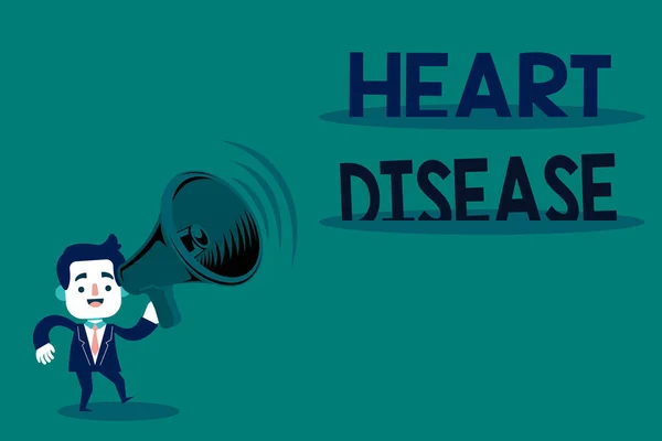 Conceptual hand writing showing Heart Disease. Business photo text A type of disease that affects the heart or blood vessels Man in Suit Earpad Moving Holding Megaphone with Sound icon. — Stock Photo, Image