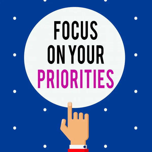 Handwriting text Focus On Your Priorities. Concept meaning remove distractions Have a life plan Be a fortress Male Hu analysis Hand Pointing up Index finger Touching Solid Color Circle. — Stock Photo, Image