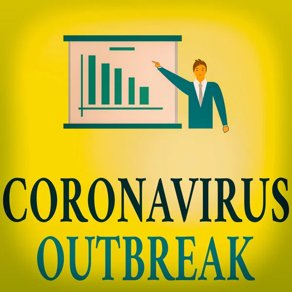 Ordskrivning text Coronavirus utbrott. Affärsidé för infektionssjukdom orsakad av nyupptäckt COVID19 Man in Business Suit Standing Peka på en bräda med stapeldiagram Kopiera utrymme. — Stockfoto