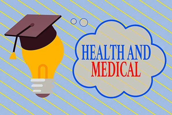 Word writing text Health And Medical. Business concept for study and investigation of physical and mental wellbeing 3D Graduation Cap Thinking Resting on Bulb with Blank Cloud Thought Bubble. — Stock Photo, Image